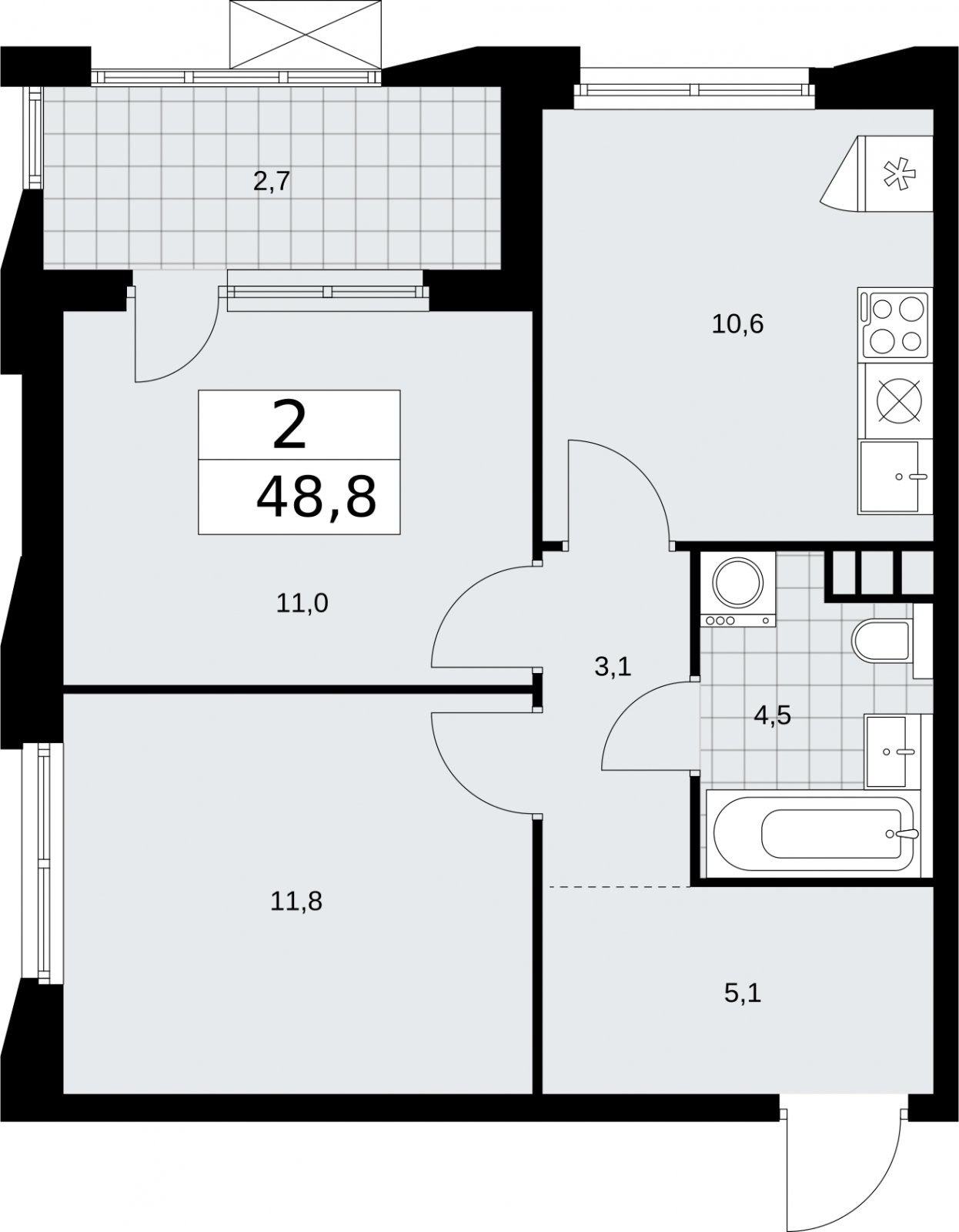 2-комнатная квартира без отделки, 48.8 м2, 9 этаж, сдача 2 квартал 2026 г., ЖК Бунинские кварталы, корпус 5.2 - объявление 2297368 - фото №1