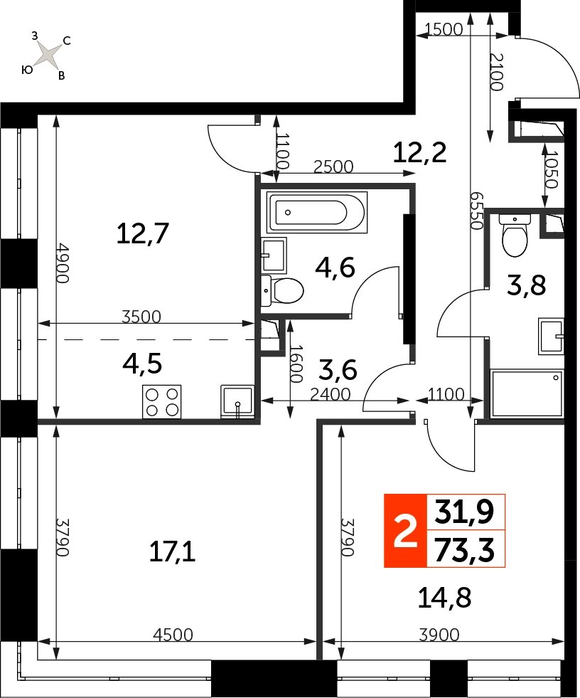 2-комнатная квартира с частичной отделкой, 73.3 м2, 5 этаж, сдача 3 квартал 2024 г., ЖК Sydney City, корпус 2.1 - объявление 2260100 - фото №1