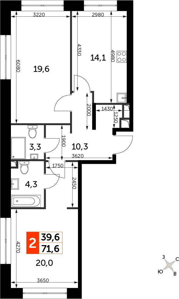 2-комнатная квартира с частичной отделкой, 71.6 м2, 15 этаж, сдача 3 квартал 2024 г., ЖК Sydney City, корпус 2.1 - объявление 2299339 - фото №1