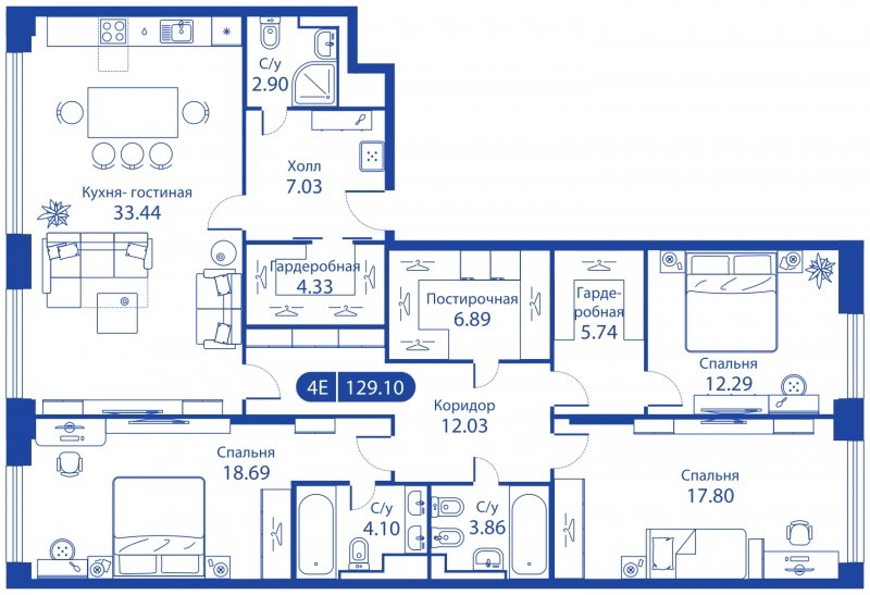4-комнатная квартира (евро) с полной отделкой, 129.1 м2, 3 этаж, дом сдан, ЖК iLove, корпус 1 - объявление 1589653 - фото №1