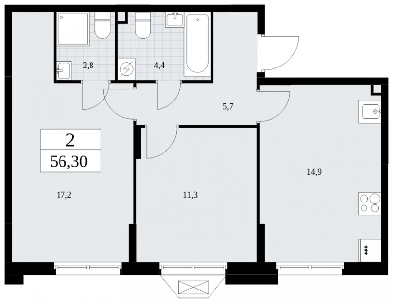 2-комнатная квартира без отделки, 56.3 м2, 2 этаж, сдача 1 квартал 2025 г., ЖК Бунинские кварталы, корпус 1.3 - объявление 1834836 - фото №1