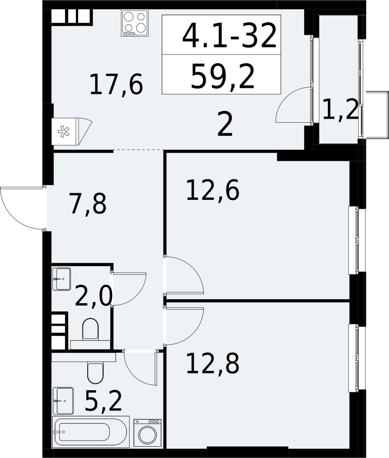 2-комнатная квартира с полной отделкой, 59.2 м2, 7 этаж, сдача 2 квартал 2027 г., ЖК Южные сады, корпус 4.1.1 - объявление 2392573 - фото №1