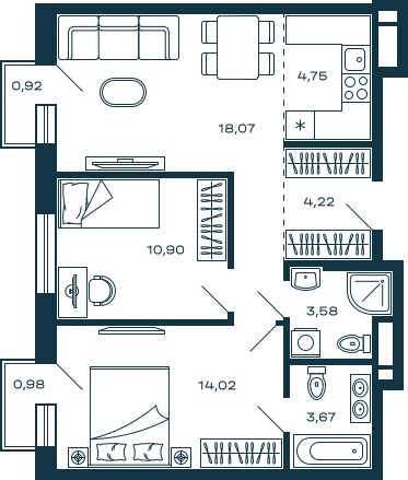 2-комнатная квартира без отделки, 59.78 м2, 8 этаж, сдача 3 квартал 2025 г., ЖК М_5, корпус 2 - объявление 2022008 - фото №1