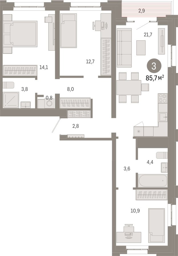 3-комнатная квартира с частичной отделкой, 85.7 м2, 6 этаж, сдача 3 квартал 2026 г., ЖК Квартал Метроном, корпус 1 - объявление 2331056 - фото №1