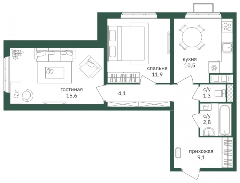 2-комнатная квартира с полной отделкой, 55.4 м2, 8 этаж, дом сдан, ЖК Зеленая Вертикаль, корпус 1 - объявление 1806815 - фото №1