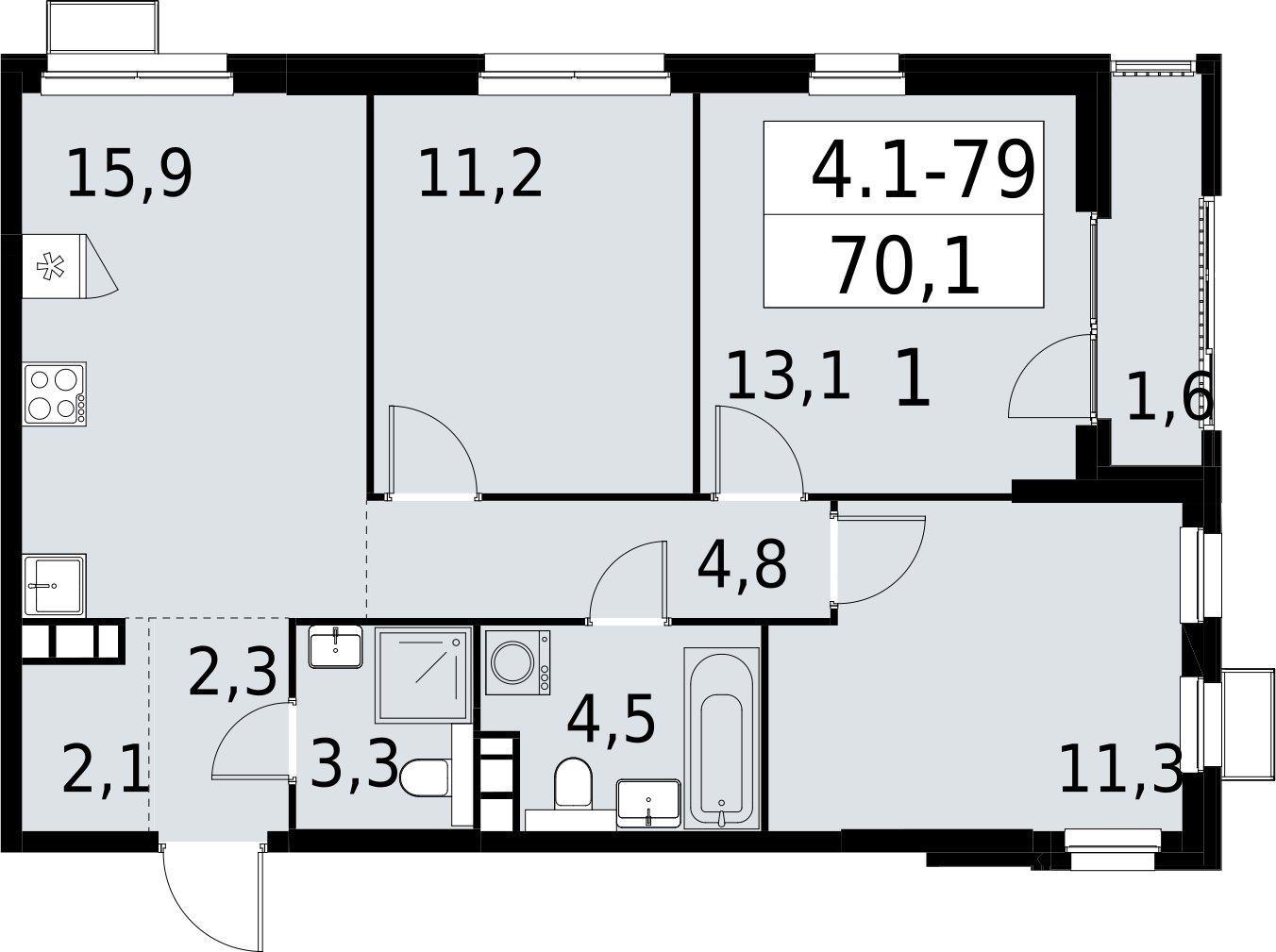 3-комнатная квартира с полной отделкой, 70.1 м2, 15 этаж, сдача 2 квартал 2027 г., ЖК Южные сады, корпус 4.1.1 - объявление 2392620 - фото №1