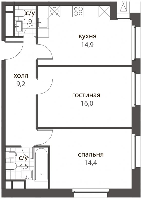 2-комнатная квартира без отделки, 60.9 м2, 8 этаж, дом сдан, ЖК HomeCity, корпус 1 - объявление 1762653 - фото №1
