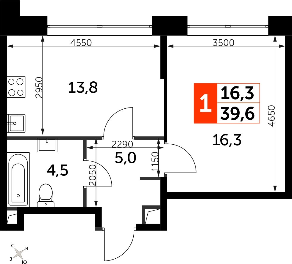 1-комнатная квартира с полной отделкой, 39.6 м2, 15 этаж, сдача 3 квартал 2024 г., ЖК Sydney City, корпус 2.1 - объявление 2207328 - фото №1