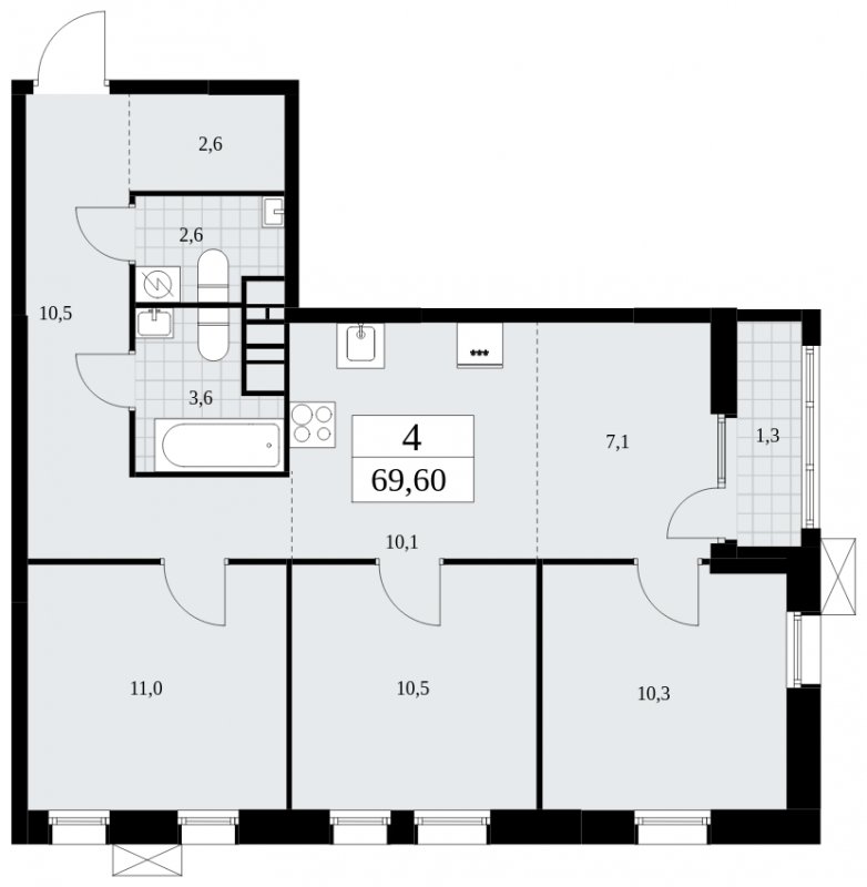4-комнатная квартира (евро) без отделки, 69.6 м2, 10 этаж, сдача 2 квартал 2025 г., ЖК Дзен-кварталы, корпус 2.3 - объявление 1932595 - фото №1
