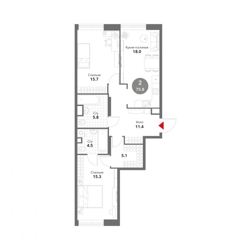 2-комнатная квартира без отделки, 75.8 м2, 8 этаж, сдача 3 квартал 2025 г., ЖК VOXHALL, корпус 2 - объявление 1785359 - фото №1