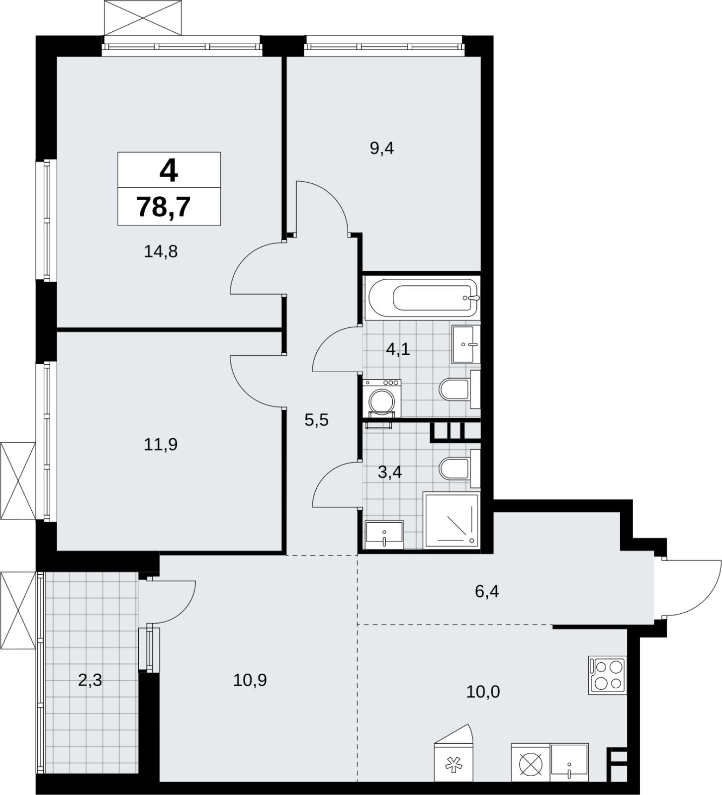 4-комнатная квартира (евро) без отделки, 78.7 м2, 3 этаж, сдача 4 квартал 2026 г., ЖК Скандинавия, корпус 2.18.1.4 - объявление 2350940 - фото №1
