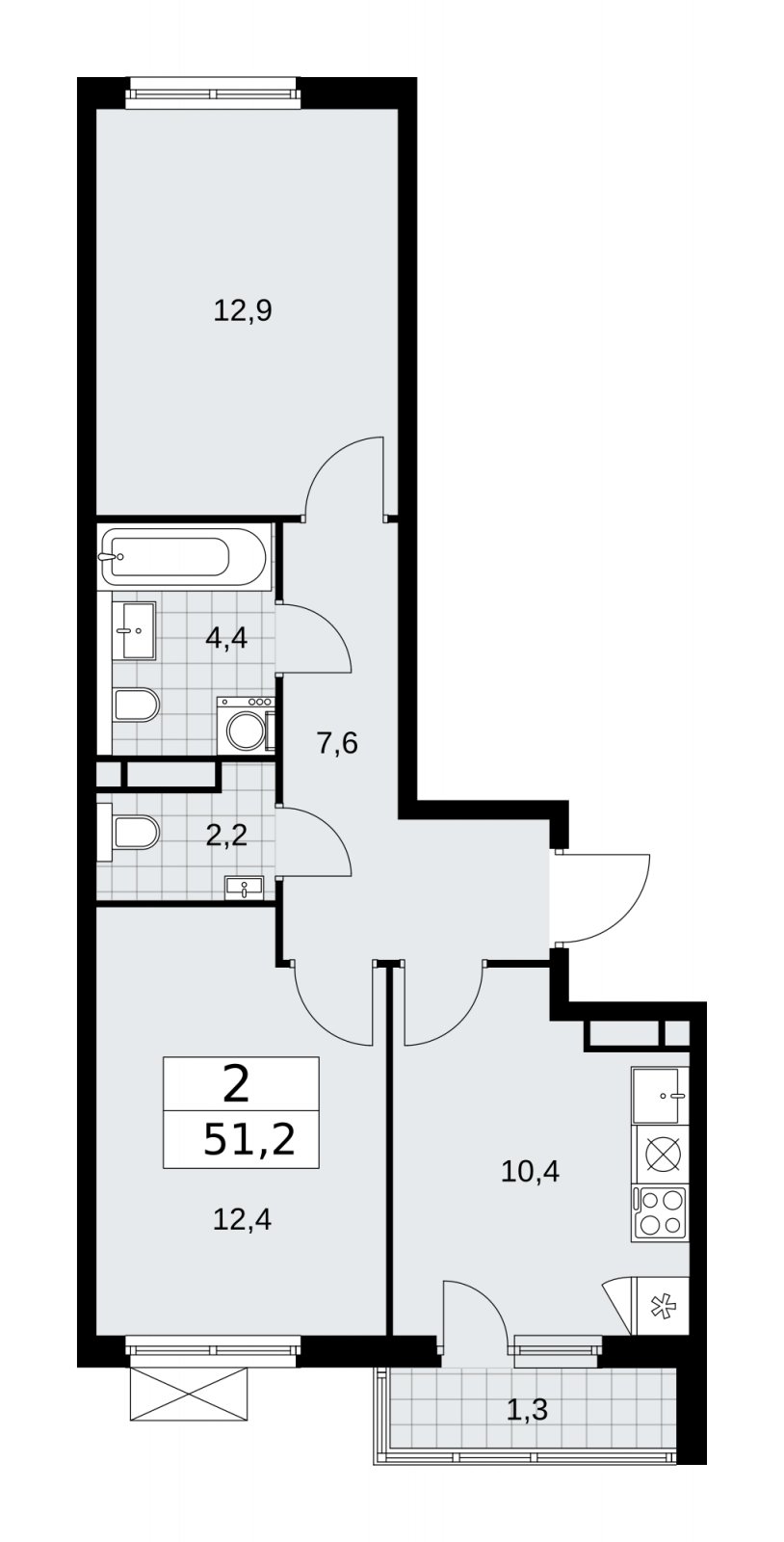 2-комнатная квартира без отделки, 51.2 м2, 8 этаж, сдача 1 квартал 2026 г., ЖК Прокшино, корпус 11.2.1 - объявление 2270012 - фото №1