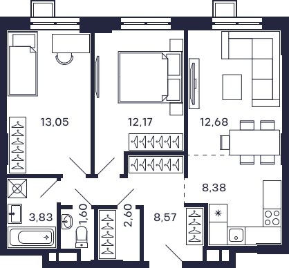 2-комнатная квартира без отделки, 62.82 м2, 7 этаж, сдача 2 квартал 2025 г., ЖК Квартал Тетрис, корпус "Квартал Тетрис 2.2" - объявление 2376869 - фото №1