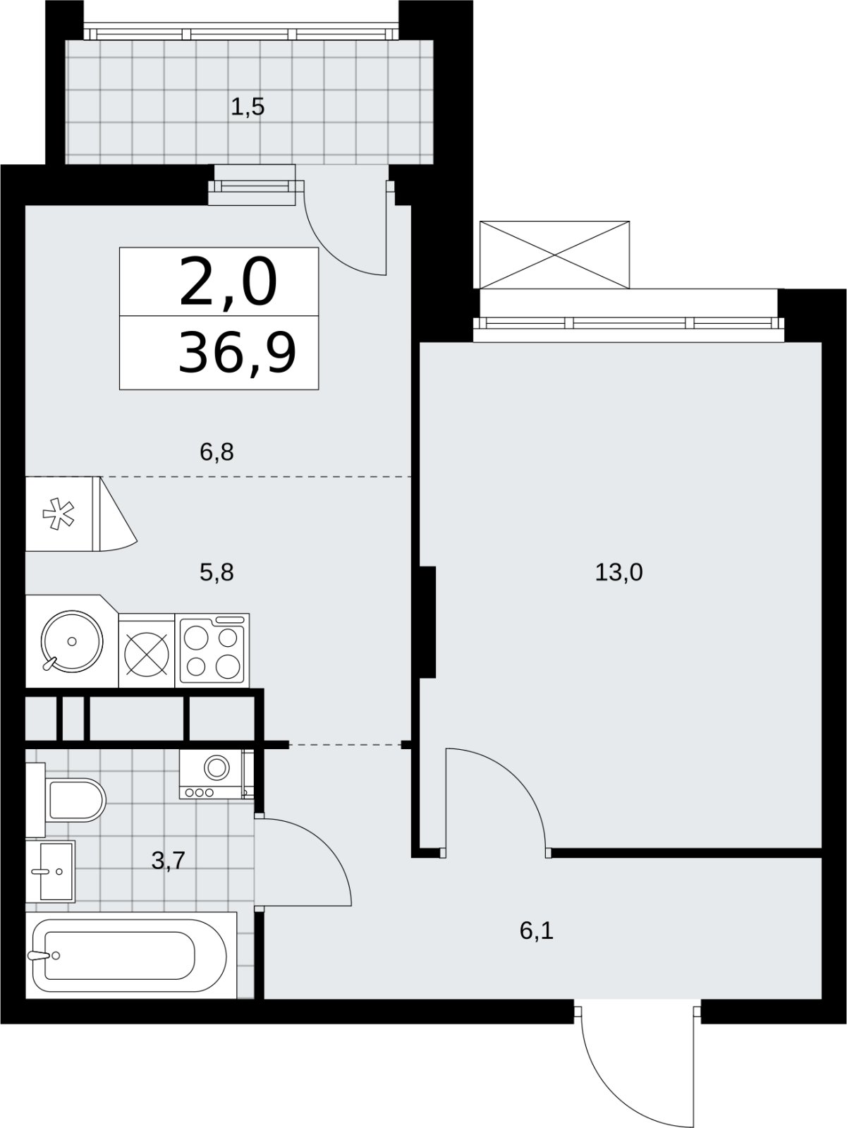 2-комнатная квартира (евро) с частичной отделкой, 36.9 м2, 11 этаж, сдача 2 квартал 2026 г., ЖК Прокшино, корпус 10.1.6 - объявление 2379248 - фото №1