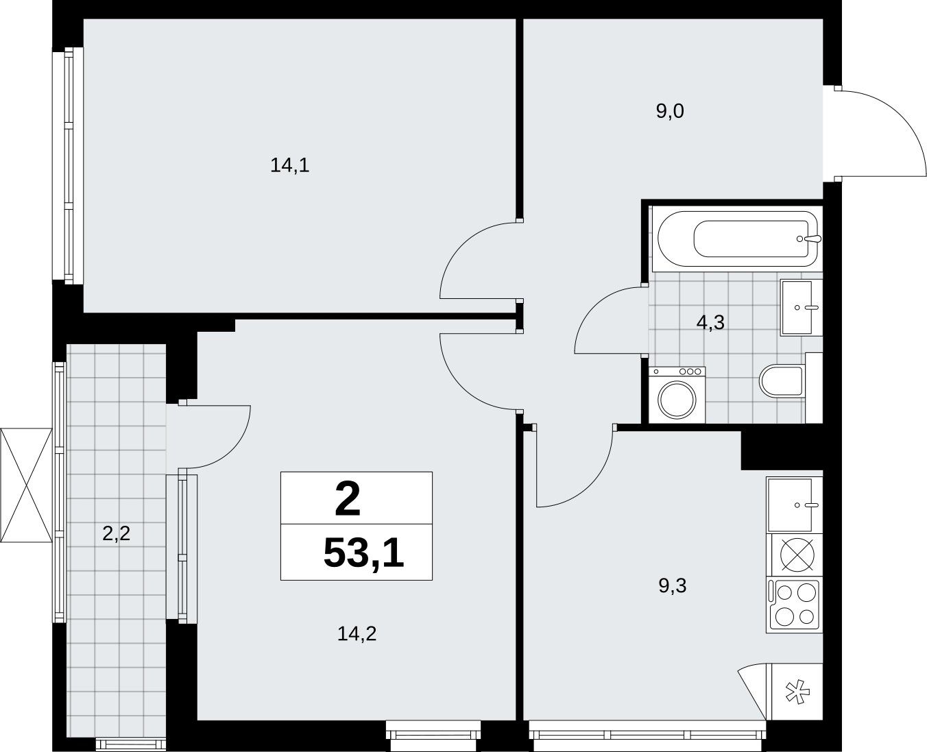 2-комнатная квартира без отделки, 53.1 м2, 17 этаж, сдача 2 квартал 2026 г., ЖК Бунинские кварталы, корпус 9.4 - объявление 2324622 - фото №1