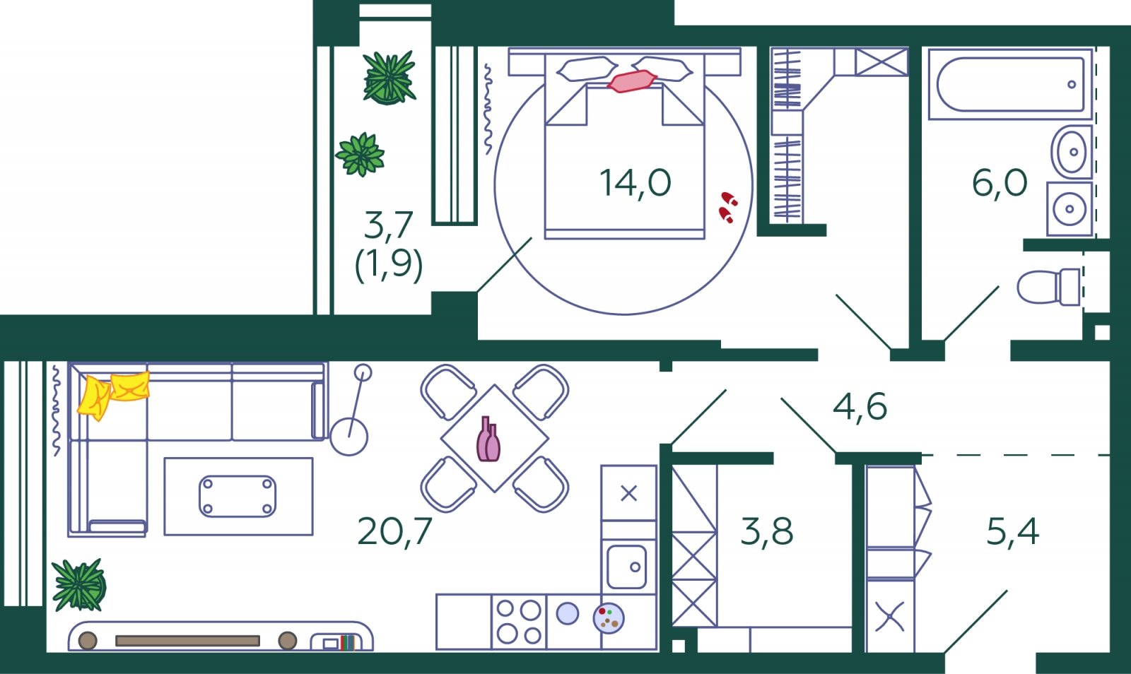 1-комнатная квартира без отделки, 57.1 м2, 8 этаж, сдача 2 квартал 2024 г., ЖК SHAGAL, корпус 1.12 - объявление 1983534 - фото №1