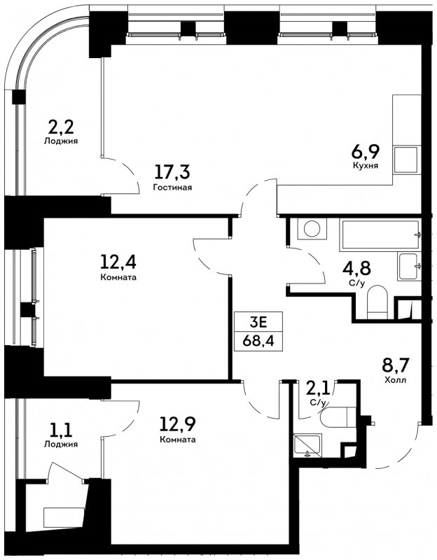 3-комнатная квартира 68.4 м2, 5 этаж, сдача 4 квартал 2022 г., ЖК Квартал на набережной NOW, корпус 2.1 - объявление 1753379 - фото №1