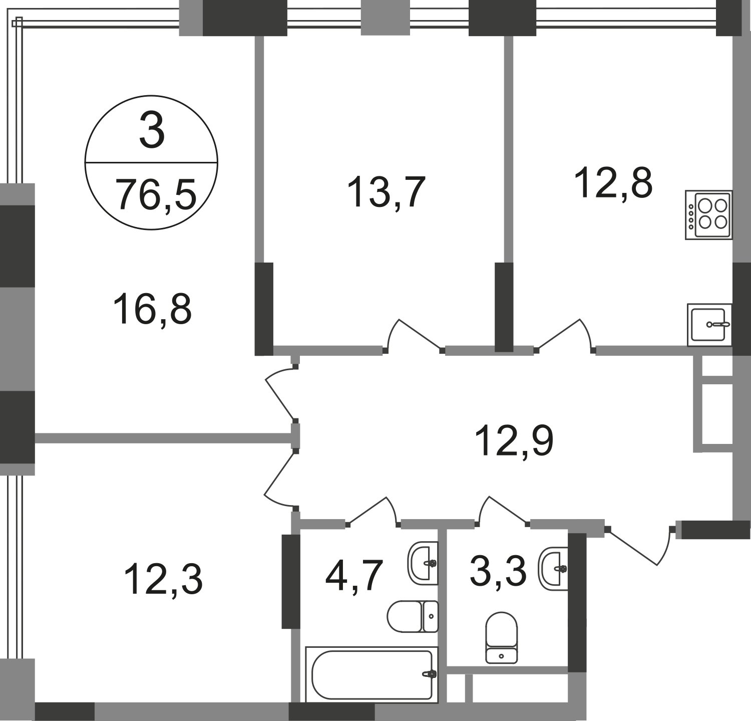 3-комнатная квартира без отделки, 76.5 м2, 10 этаж, сдача 1 квартал 2025 г., ЖК город-парк Переделкино Ближнее, корпус 17-1 - объявление 2343279 - фото №1