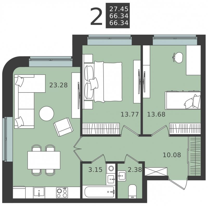 2-комнатная квартира без отделки, 66.34 м2, 1 этаж, сдача 1 квартал 2024 г., ЖК Мишино-2, корпус 5 - объявление 1948336 - фото №1