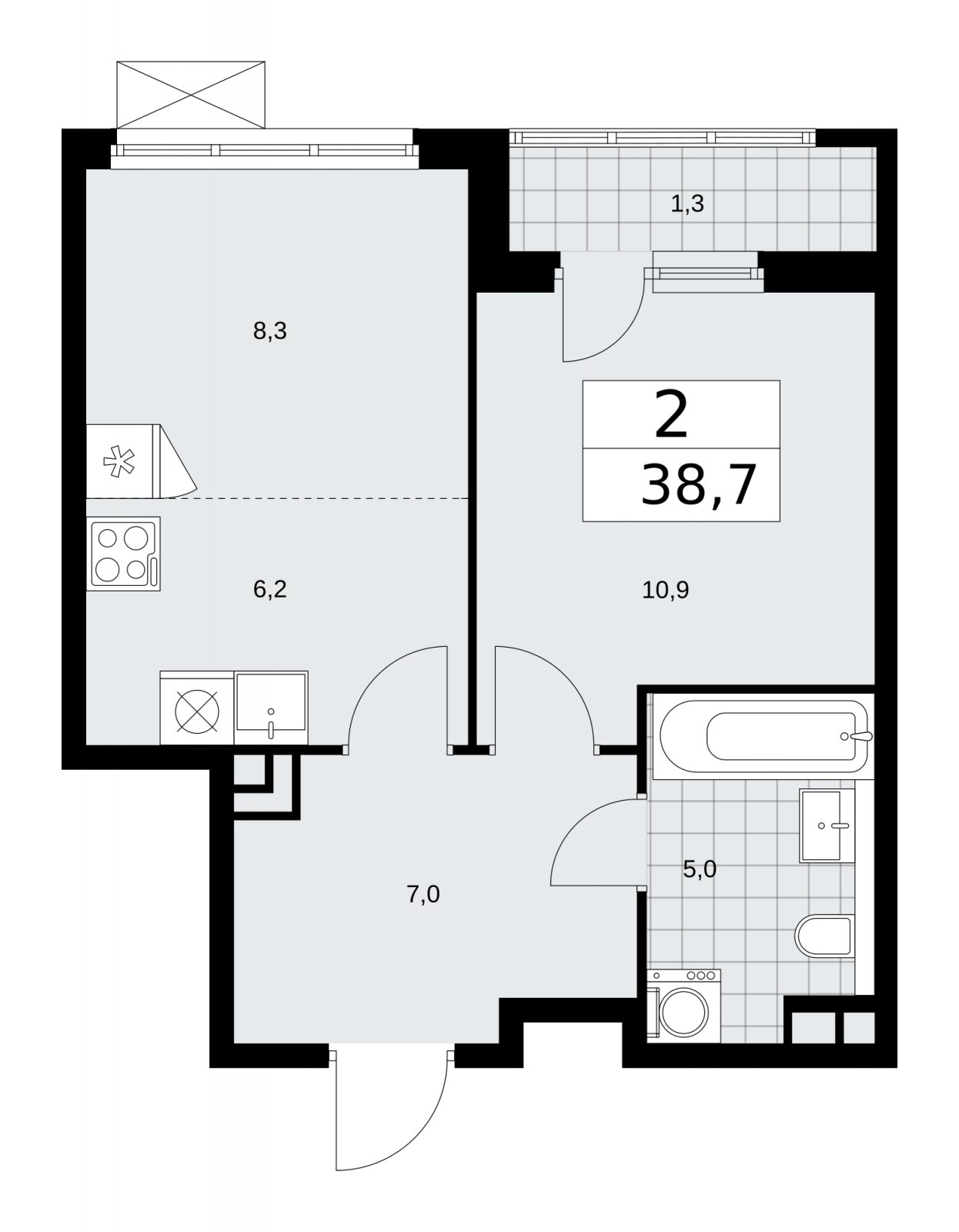 2-комнатная квартира (евро) с частичной отделкой, 38.7 м2, 3 этаж, сдача 2 квартал 2026 г., ЖК Прокшино, корпус 11.2.3 - объявление 2270345 - фото №1