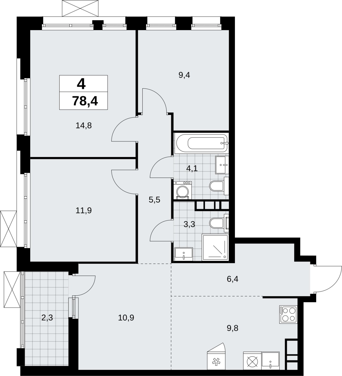 4-комнатная квартира (евро) без отделки, 78.4 м2, 13 этаж, сдача 4 квартал 2026 г., ЖК Скандинавия, корпус 2.18.1.3 - объявление 2350860 - фото №1