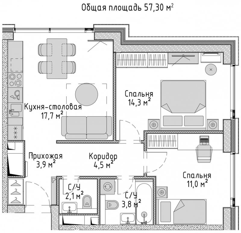 2-комнатная квартира с частичной отделкой, 57.22 м2, 4 этаж, сдача 2 квартал 2023 г., ЖК City Bay, корпус Indian Ocean 4 - объявление 1671456 - фото №1
