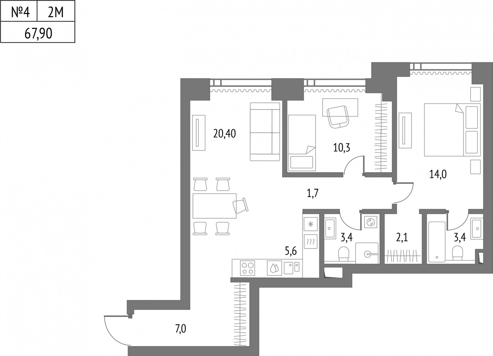 2-комнатная квартира без отделки, 67.9 м2, 37 этаж, сдача 2 квартал 2026 г., ЖК Upside Towers, корпус 1 - объявление 2276373 - фото №1