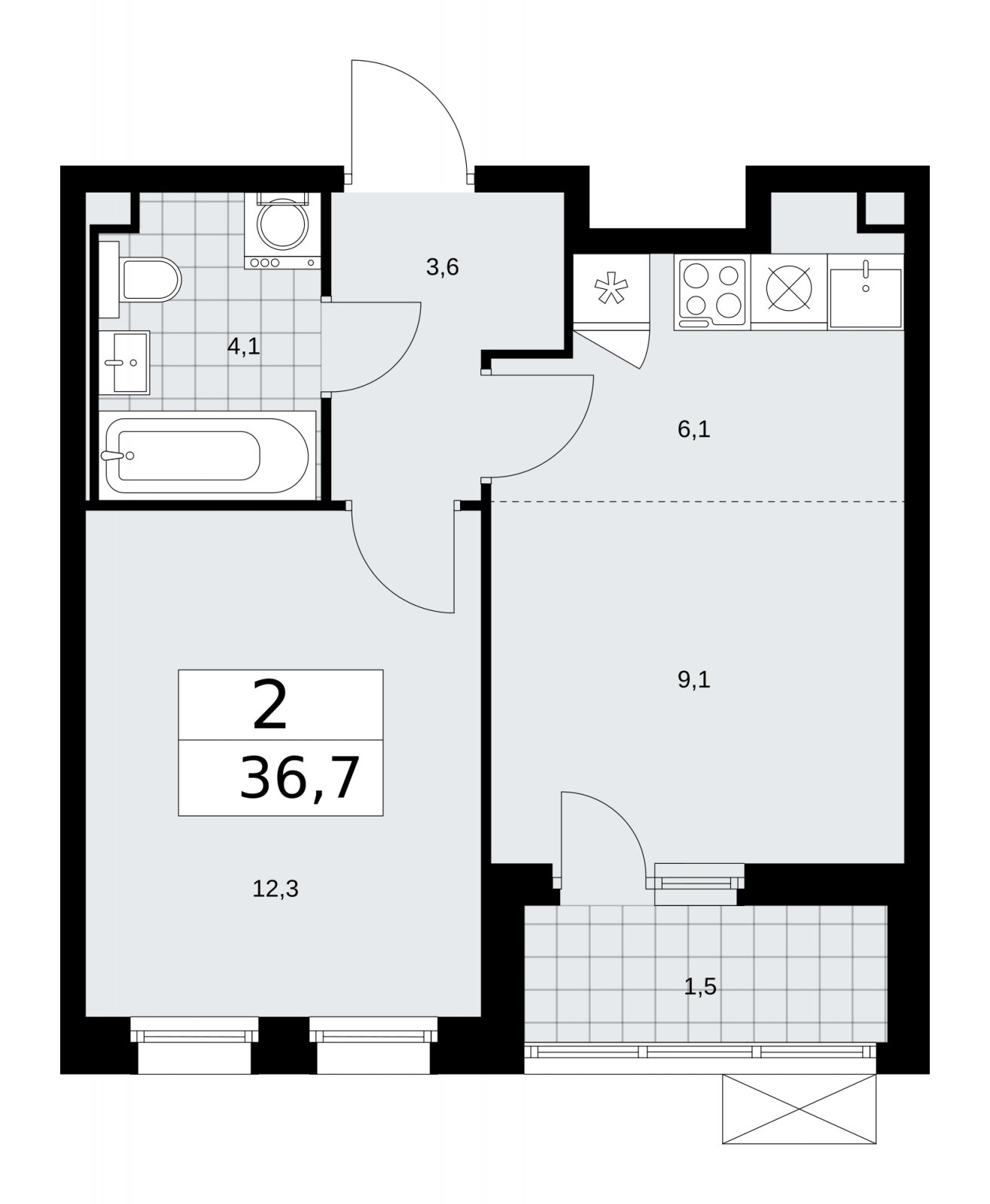 2-комнатная квартира (евро) с частичной отделкой, 36.7 м2, 2 этаж, сдача 2 квартал 2026 г., ЖК Скандинавия, корпус 25.1 - объявление 2283311 - фото №1