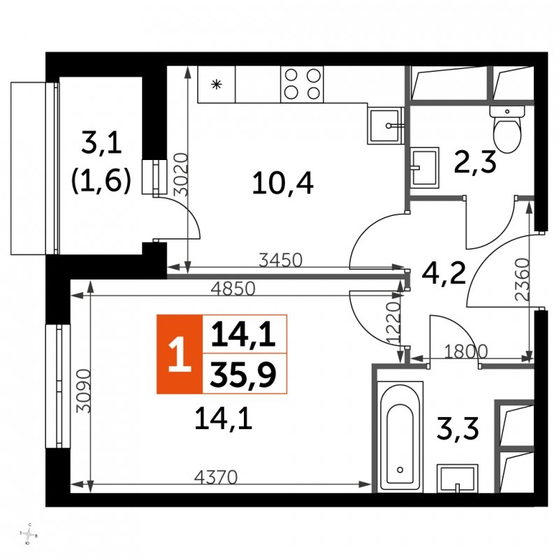 1-комнатная квартира с частичной отделкой, 35.9 м2, 10 этаж, сдача 3 квартал 2023 г., ЖК UP-квартал Римский, корпус 7 - объявление 1695753 - фото №1