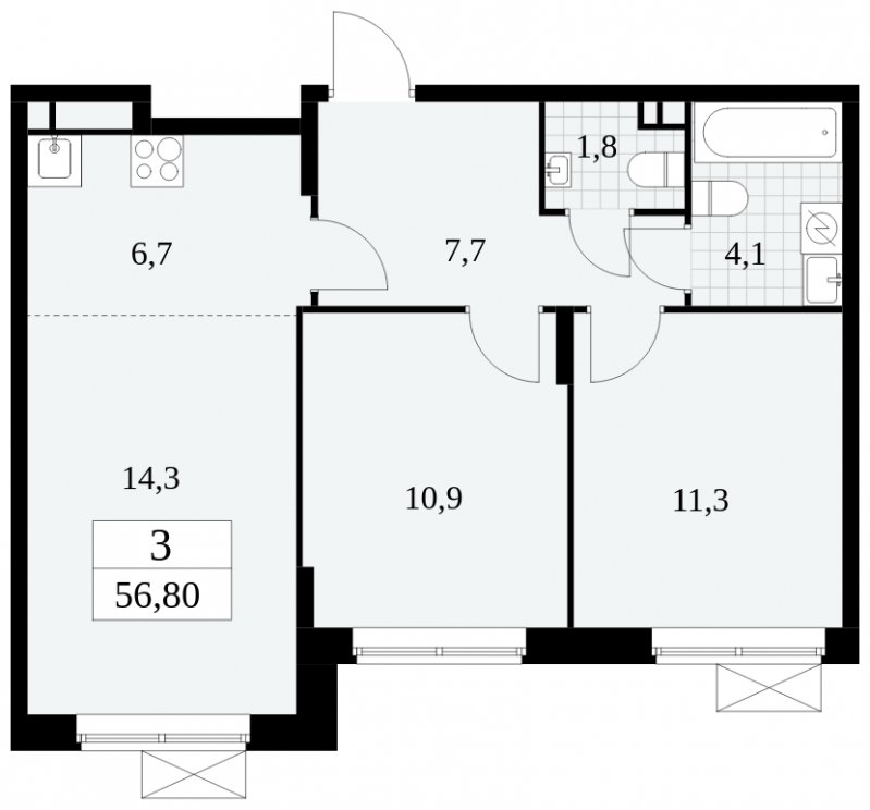 3-комнатная квартира (евро) с частичной отделкой, 56.8 м2, 2 этаж, сдача 1 квартал 2025 г., ЖК Прокшино, корпус 5.2.2 - объявление 1751113 - фото №1