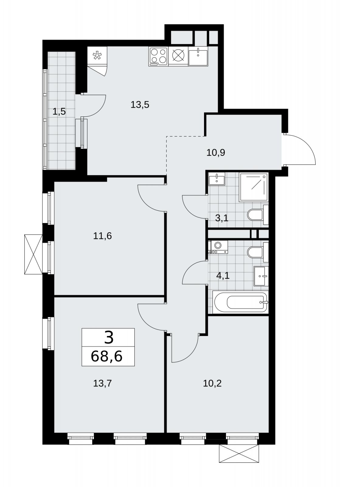 3-комнатная квартира без отделки, 68.6 м2, 10 этаж, сдача 1 квартал 2026 г., ЖК Скандинавия, корпус 37.2.3 - объявление 2254723 - фото №1