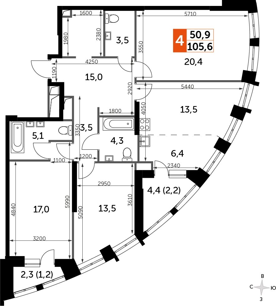 3-комнатная квартира с частичной отделкой, 105.6 м2, 20 этаж, сдача 3 квартал 2024 г., ЖК Sydney City, корпус 2.2 - объявление 2207362 - фото №1