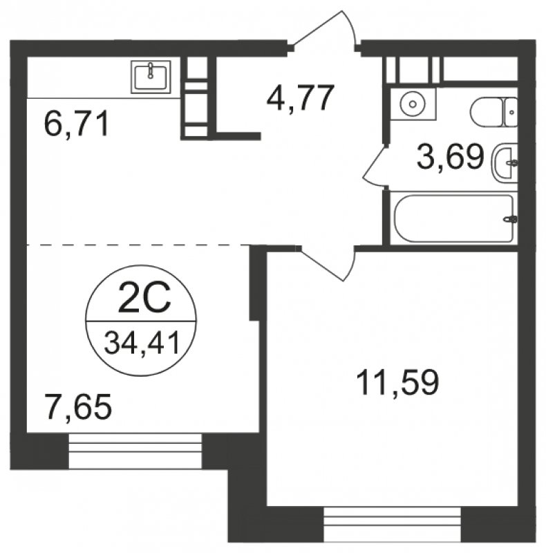 2-комнатная квартира с полной отделкой, 34.41 м2, 4 этаж, сдача 3 квартал 2023 г., ЖК Люберцы, корпус 66 - объявление 1597947 - фото №1