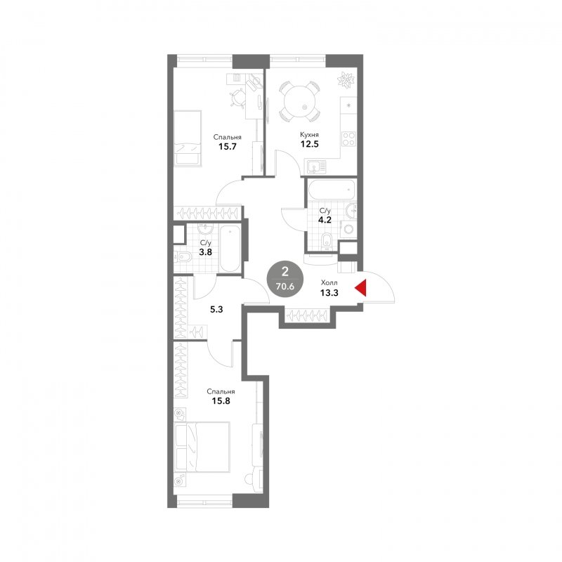 2-комнатная квартира без отделки, 70.6 м2, 3 этаж, сдача 3 квартал 2025 г., ЖК VOXHALL, корпус 2 - объявление 1787550 - фото №1