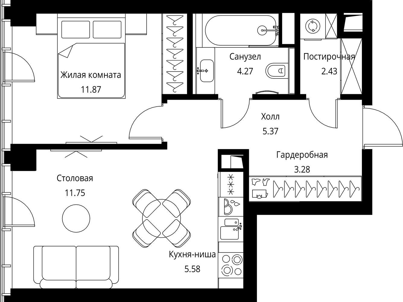 1-комнатная квартира с частичной отделкой, 44.55 м2, 7 этаж, сдача 3 квартал 2026 г., ЖК City Bay, корпус North Ocean 8 - объявление 2332291 - фото №1