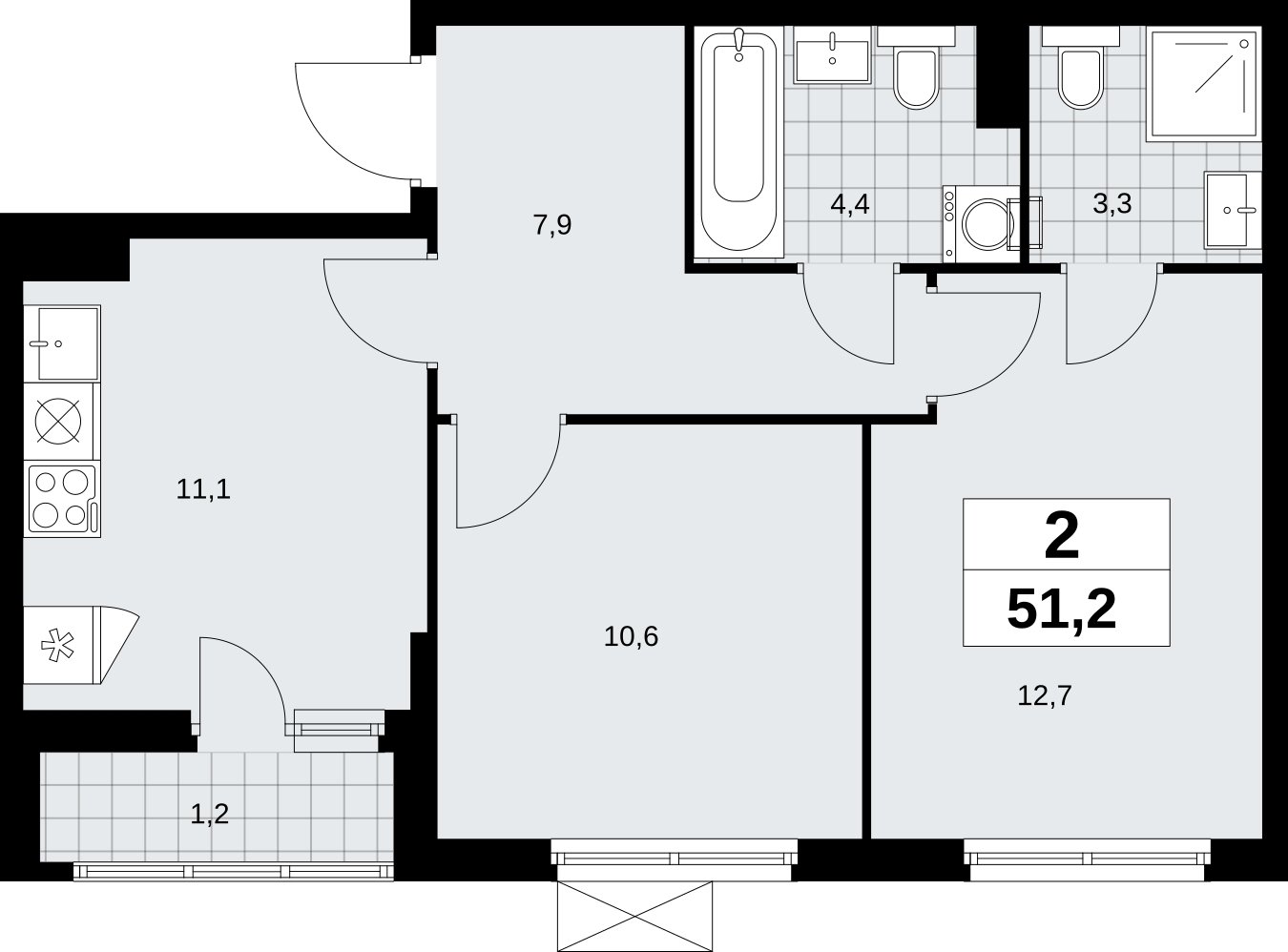 2-комнатная квартира без отделки, 51.2 м2, 4 этаж, сдача 1 квартал 2026 г., ЖК Дзен-кварталы, корпус 6.2.1 - объявление 2328530 - фото №1
