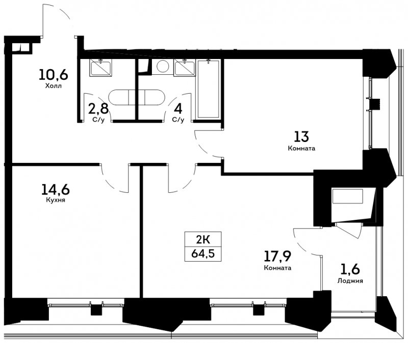 2-комнатная квартира 64.5 м2, 5 этаж, сдача 4 квартал 2022 г., ЖК Квартал на набережной NOW, корпус 2.2 - объявление 1685677 - фото №1