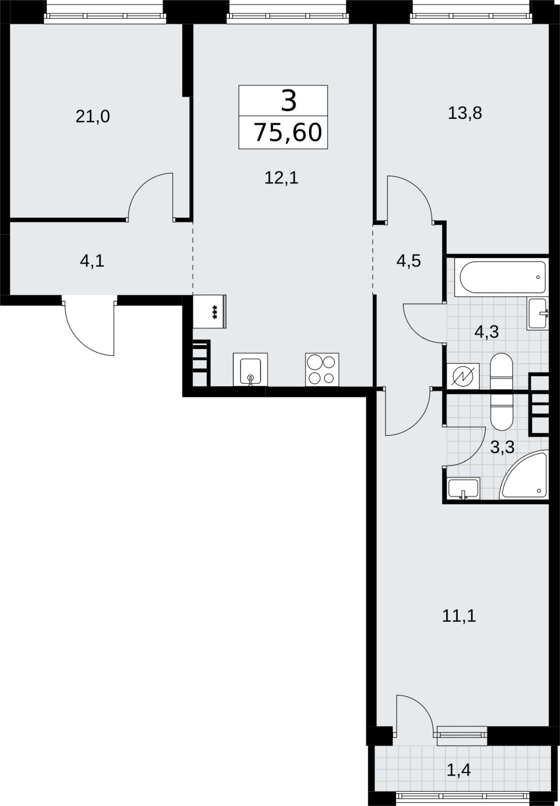 3-комнатная квартира без отделки, 75.6 м2, 4 этаж, сдача 3 квартал 2026 г., ЖК Родные кварталы, корпус 3.1 - объявление 2378319 - фото №1