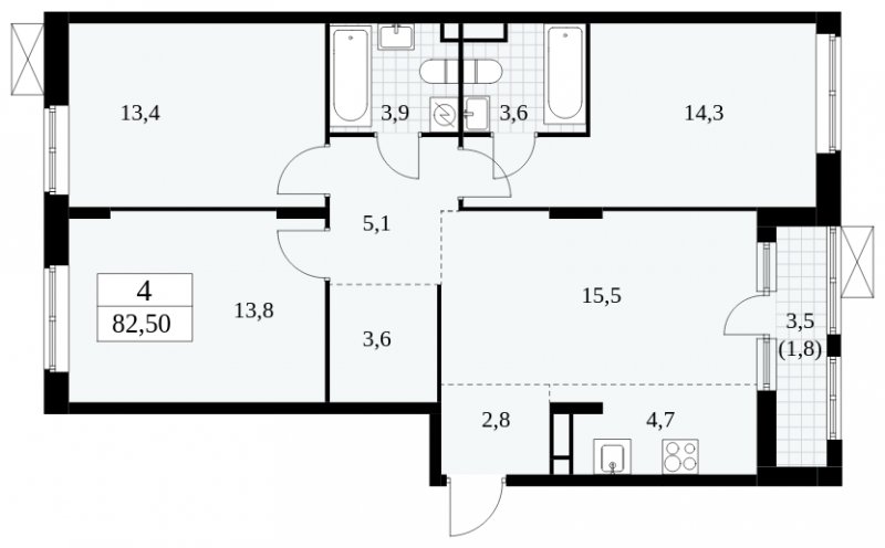 4-комнатная квартира (евро) без отделки, 82.5 м2, 12 этаж, сдача 1 квартал 2025 г., ЖК Прокшино, корпус 5.1.4 - объявление 1811067 - фото №1