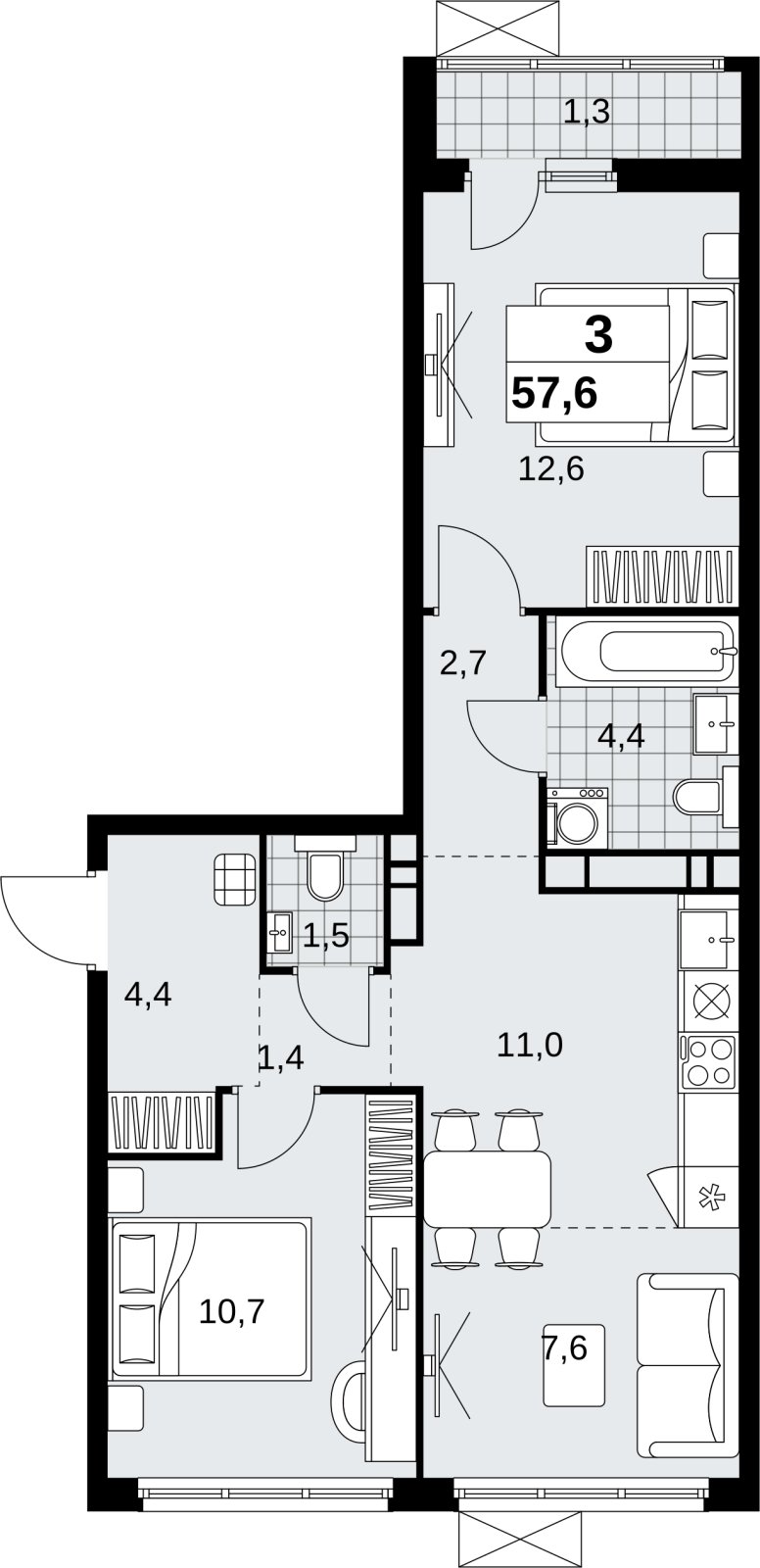 3-комнатная квартира (евро) с полной отделкой, 57.6 м2, 13 этаж, сдача 1 квартал 2027 г., ЖК Скандинавия, корпус 2.18.2.1 - объявление 2351100 - фото №1