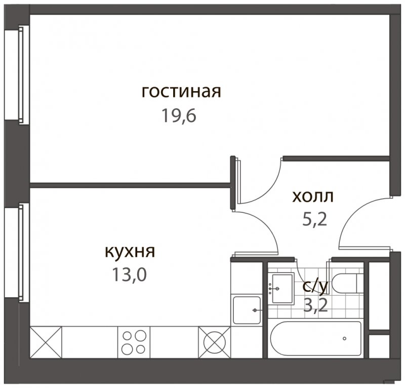 1-комнатная квартира без отделки, 41 м2, 8 этаж, дом сдан, ЖК HomeCity, корпус 3 - объявление 1528338 - фото №1