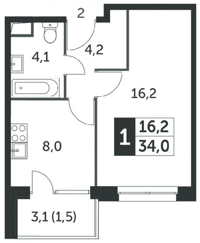 1-комнатная квартира без отделки, 34.1 м2, 2 этаж, сдача 4 квартал 2023 г., ЖК Датский квартал, корпус 2 - объявление 2207779 - фото №1