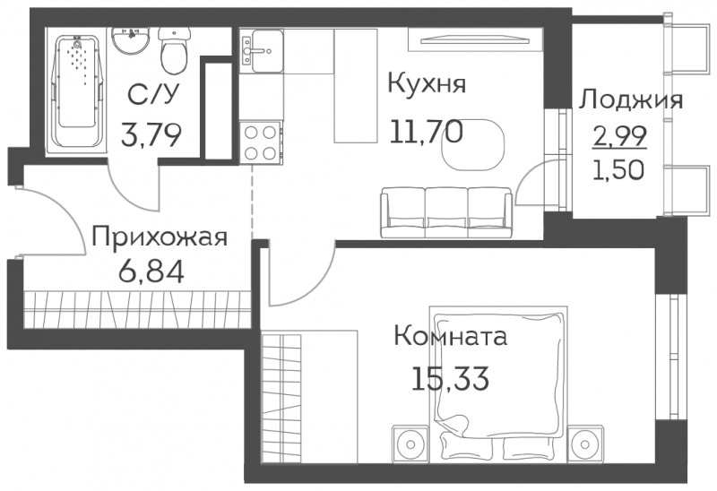1-комнатная квартира с частичной отделкой, 39.16 м2, 19 этаж, сдача 2 квартал 2022 г., ЖК Аквилон Митино, корпус 1 - объявление 1320526 - фото №1