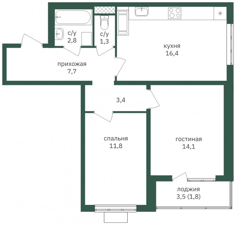 2-комнатная квартира с полной отделкой, 59.3 м2, 14 этаж, дом сдан, ЖК Зеленая Вертикаль, корпус 6 - объявление 1968902 - фото №1