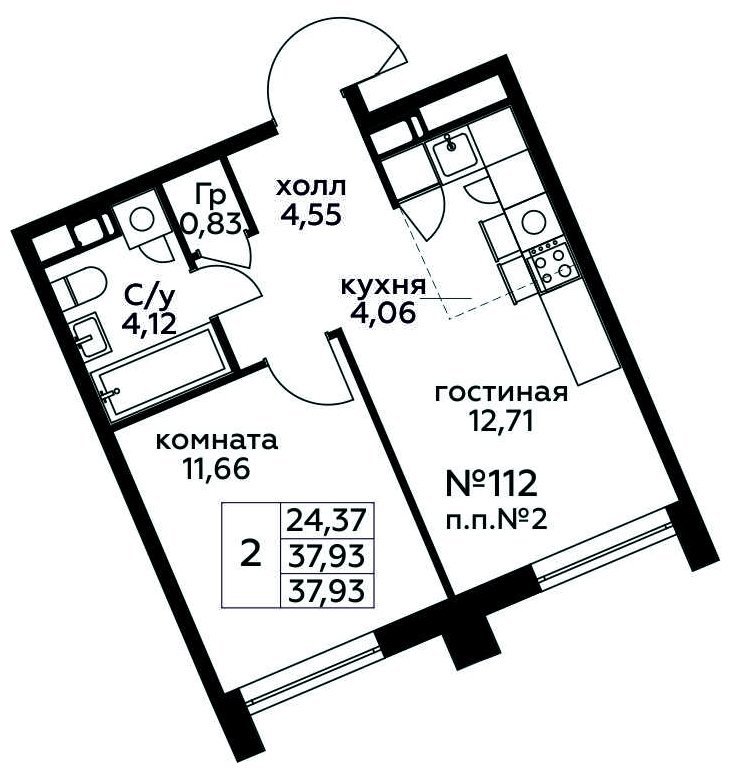 2-комнатная квартира (евро) с полной отделкой, 37.93 м2, 13 этаж, сдача 3 квартал 2024 г., ЖК МелисСад, корпус 1 - объявление 1821626 - фото №1