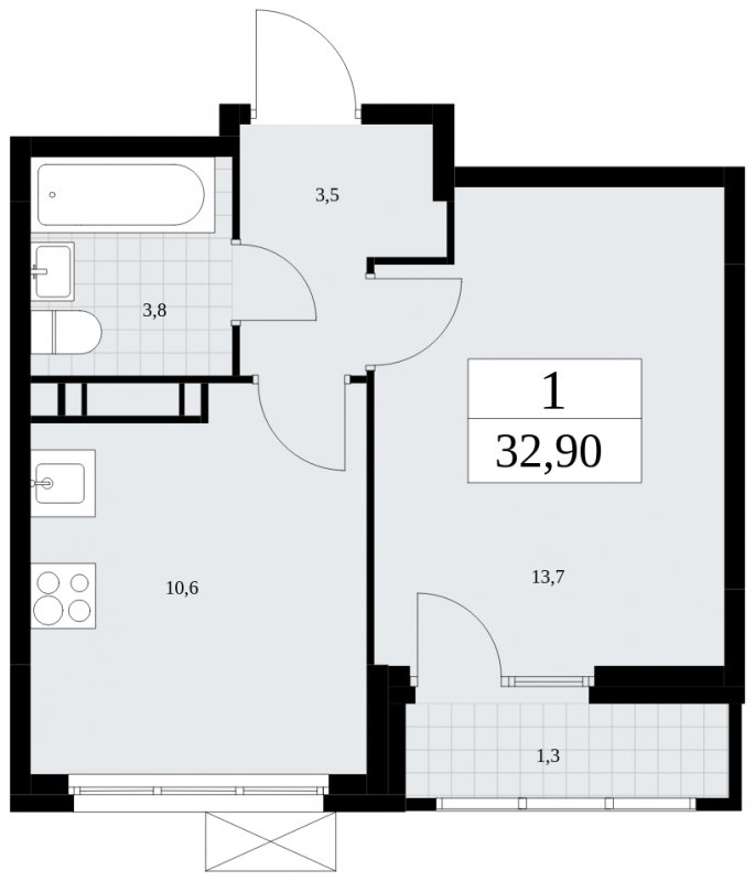 1-комнатная квартира с частичной отделкой, 32.9 м2, 9 этаж, сдача 4 квартал 2024 г., ЖК Скандинавия, корпус 35.1.3 - объявление 1779648 - фото №1