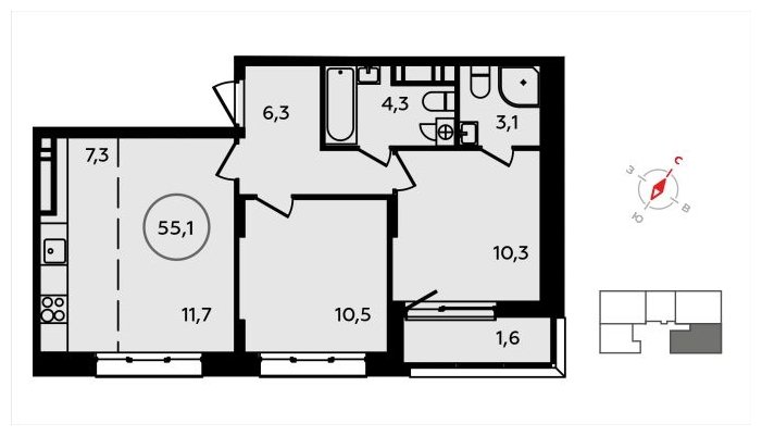 3-комнатная квартира (евро) с полной отделкой, 55.1 м2, 15 этаж, сдача 3 квартал 2024 г., ЖК Скандинавия, корпус 2.22.4 - объявление 1625746 - фото №1