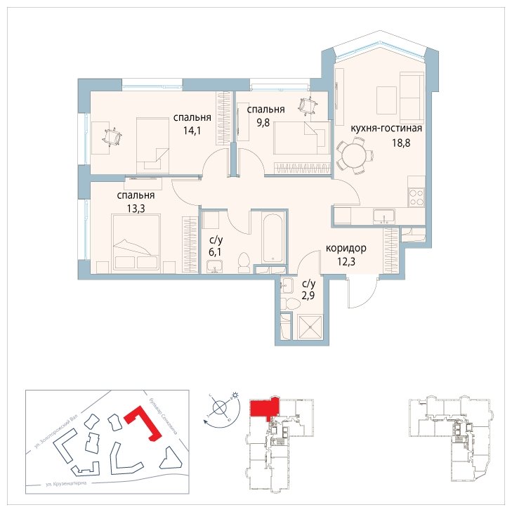 3-комнатная квартира без отделки, 77.3 м2, 20 этаж, сдача 3 квартал 2025 г., ЖК Символ, корпус 31 (квартал "Вдохновение") - объявление 1763329 - фото №1