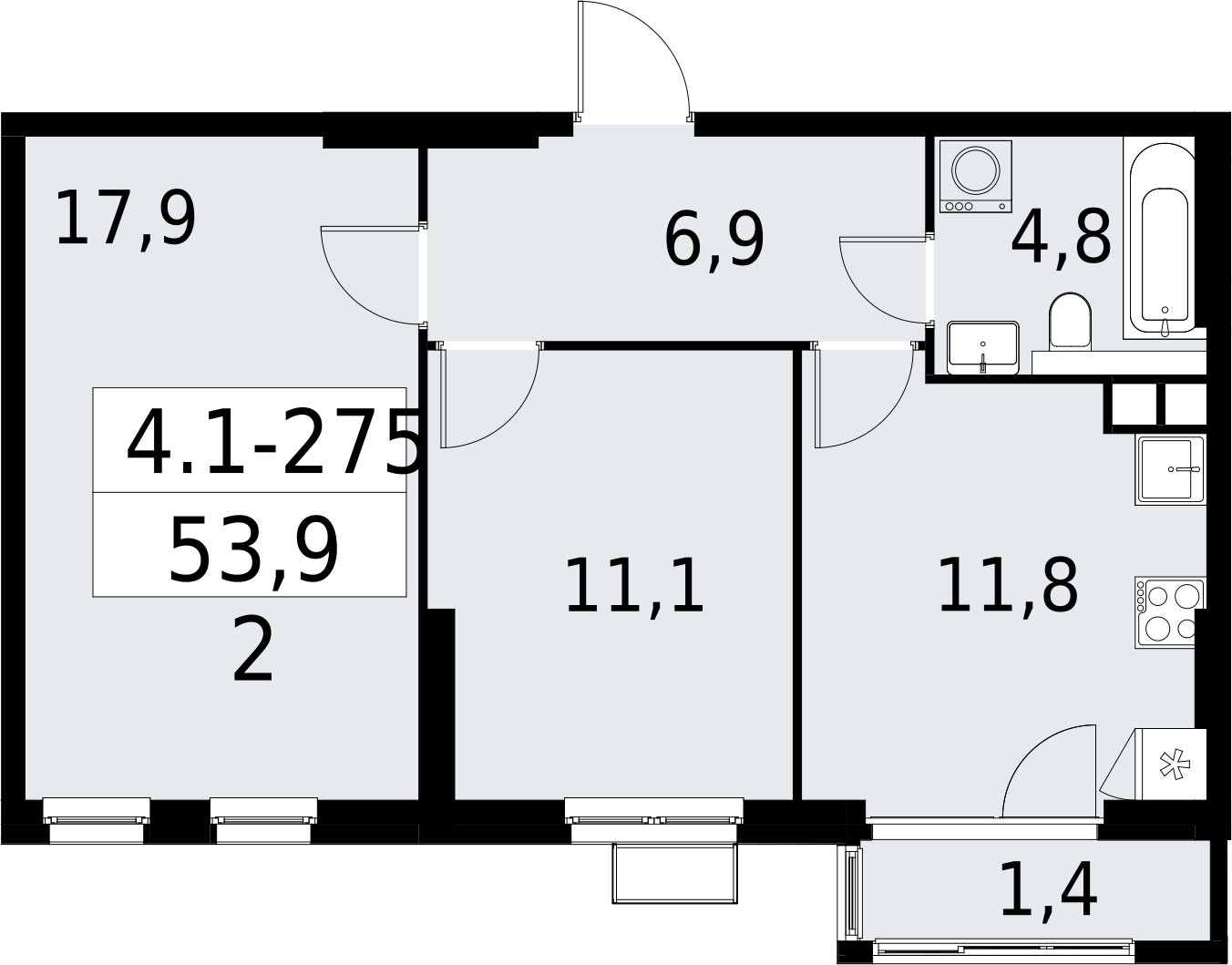 2-комнатная квартира с полной отделкой, 53.9 м2, 3 этаж, сдача 2 квартал 2027 г., ЖК Южные сады, корпус 4.1.2 - объявление 2392787 - фото №1
