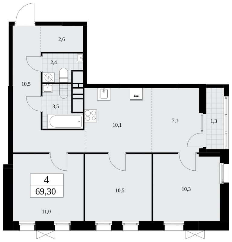 4-комнатная квартира (евро) без отделки, 69.3 м2, 17 этаж, сдача 1 квартал 2025 г., ЖК Дзен-кварталы, корпус 1.3 - объявление 1896053 - фото №1